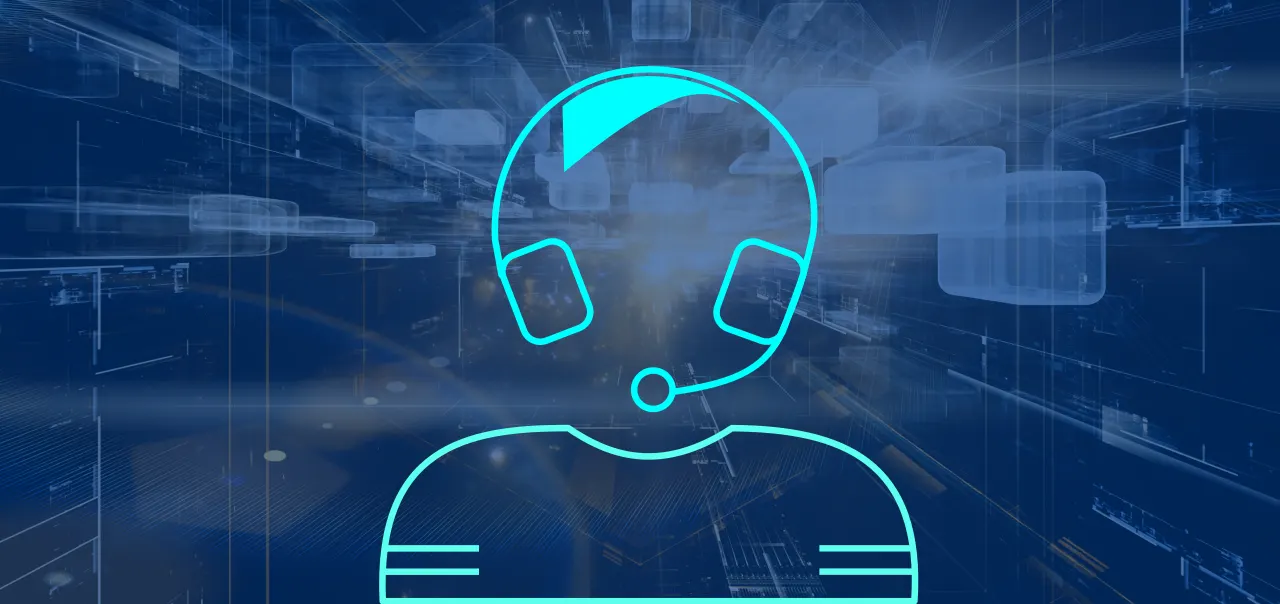 A stylised, bot like callcenter assistant with a headset on dark blue background